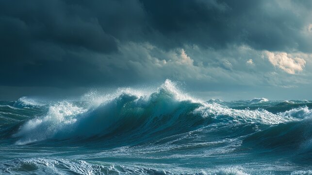 Dramatic ocean storm landscape with crashing waves and dark stormy clouds, evoking power and resilience