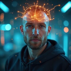 Man with glowing neural network brain on head. Image shows artificial intelligence connection to human mind, thoughts. Concept of cognitive control, future tech, data processing, digital innovation,