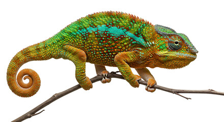 Obraz premium Colorful Panther Chameleon Perched on a Branch with a Curled Tail Isolated on White