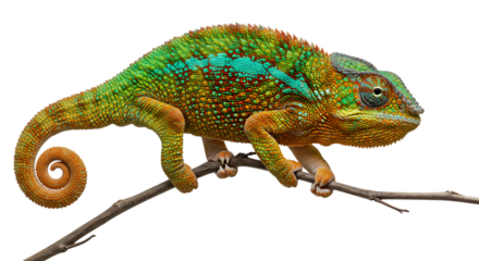 Colorful Panther Chameleon Perched on a Branch with a Curled Tail Isolated on White
