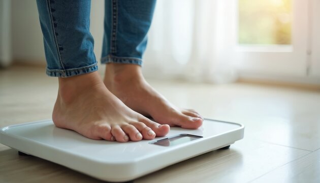 Barefoot person stands on digital scale, tracking body weight and fitness progress. Daily health check at home for diet and wellness goals. Weighing for fat loss.