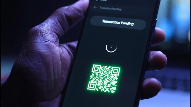Closeup of hand scanning QR code on smartphone during transaction with digital payment interface
