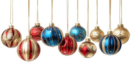 Row of hanging Christmas ornaments, red and blue with gold glittery balls that have stripes and dots, isolated on white background with no shadows, presented in flat lay style for festive designs.