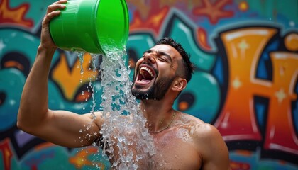 Man pours cold water from green bucket over himself. He reacts with open mouth and closed eyes. Background is colorful graffiti wall with graffiti text.