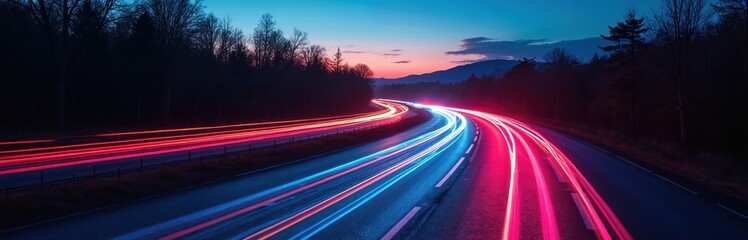 Fototapeta premium Winding road with colorful light trails at twilight. Trees line the road against a backdrop of mountains and a blue sky with clouds. The scene captures a serene moment of motion and transport.