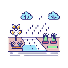 Beautiful garden landscape with plants, watering and clouds in a colorful design
