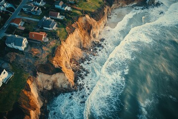 Coastal erosion impacting residential homes, aerial view.