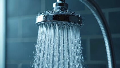 Modern chrome shower head with water spraying from it. Water flows from the shower head in a bathroom. Clean water droplets on a shiny metal shower head. Bathroom hygiene and cleanliness.