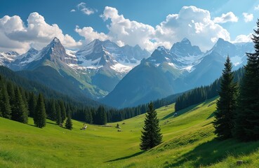 Scenic mountain landscape features snow capped peaks green hills forests. Coniferous trees grow in valley with grassland and cabins. Idyllic view of nature, clear blue sky. Perfect for travel