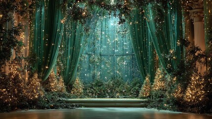 Enchanting Christmas forest stage with soft green drapes and twinkling lights for magical holiday celebrations
