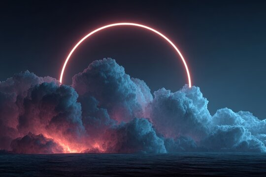 Glowing circle hovers over clouds at night, with a sea below; a surreal and dreamlike vista is portrayed - Powered by Adobe