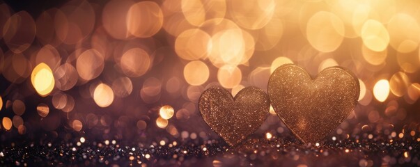 Two Golden Hearts on a Glittery Background with Bokeh Lights