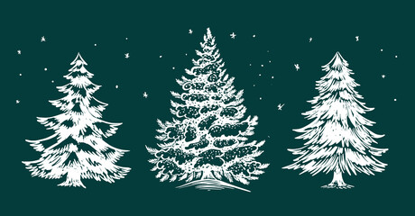 Fototapeta premium Christmas tree set on green, hand drawn illustration 