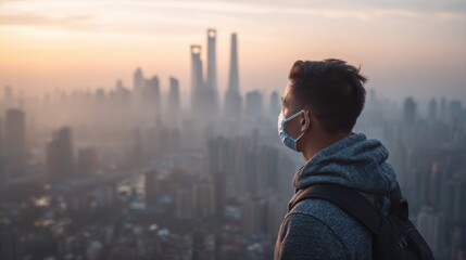 Person Masked Overlooking Hazy Cityscape