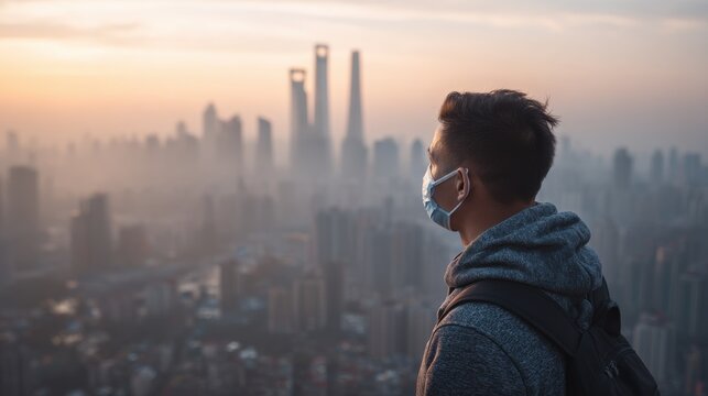 Person Masked Overlooking Hazy Cityscape