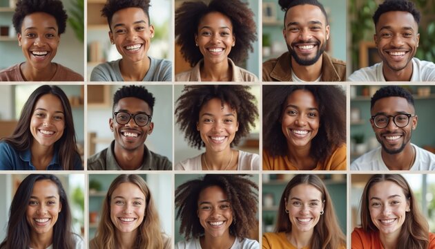 Group of diverse people smiling happily at camera. This collection features men and women of various ethnicities, ages, and backgrounds, conveying joy and unity.