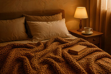 A warm, cozy bedroom features a neatly made bed with textured blankets and plush pillows. Soft lamplight casts a gentle glow, illuminating a nightstand with a cup and a book, creating a tranquil autum