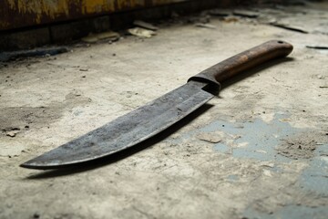 Rusty hunting knife on a weathered floor.