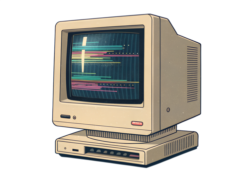Vintage computer with retro screen display evoking nostalgia for classic tech, ideal for branding, design, or tech themes, celebrating computing history