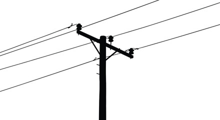 Silhouette vector illustration of utility pole with power lines, electrical infrastructure, energy distribution, urban electricity network, minimalist industrial design art