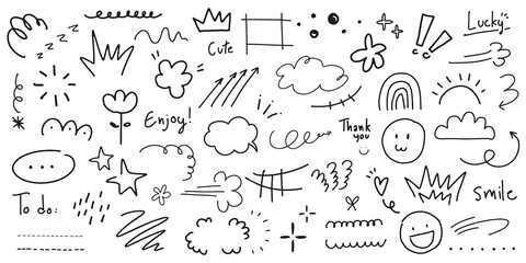 PNG Doodle-style icons with playful, hand-drawn elements and symbols, set on transparent background
