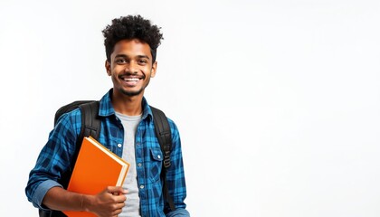 Young Indian man holding orange books and wearing a backpack smiles at the camera. He is dressed in a blue plaid shirt over a gray t-shirt. Happy student on a white background. Confident college boy.
