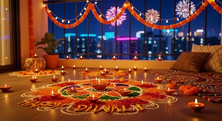 Diwali balcony setup with rangoli candles pillows garlands city backdrop and fireworks