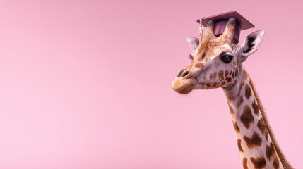 Funny giraffe wearing a graduation cap standing on pastel pink background, education concept