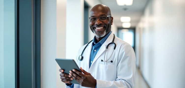 Smiling doctor in clinic hallway holds tablet. Mature Black man in lab coat with stethoscope reviews patient data and digital schedule. Pro medical career. - Powered by Adobe