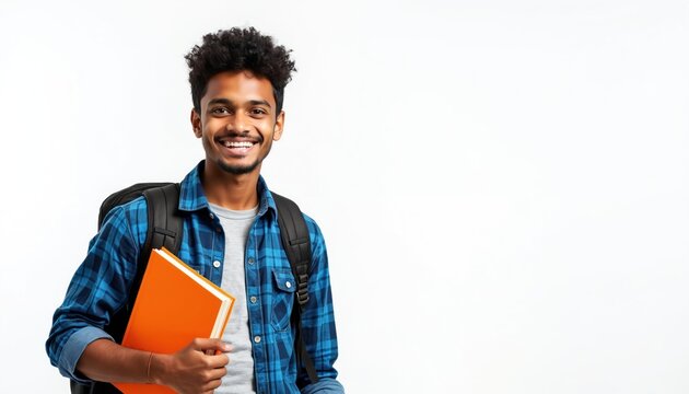 Young Indian man holding orange books and wearing a backpack smiles at the camera. He is dressed in a blue plaid shirt over a gray t-shirt. Happy student on a white background. Confident college boy.