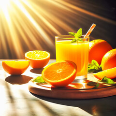 orange juice in a glass on a table in the sun rays