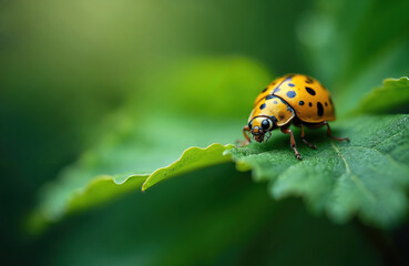 Obraz premium Yellow ladybug with black spots crawls on green leaf. Macro shot shows insect in natural habitat. Soft focus background creates bokeh effect, highlighting tiny creature and lush foliage.