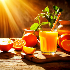 orange juice in a glass on a table in the sun rays