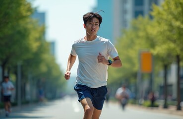 Young Asian man runs outdoor on city street. Wears white shirt, blue shorts, smartwatch. Athlete trains for health, fitness, well-being. Guy jogs in urban park, exercises with strong determination.