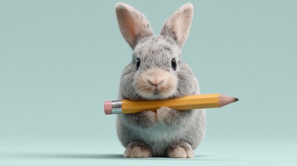 Cute rabbit holding a giant pencil on pastel mint background, funny learning concept