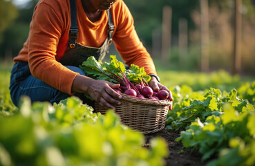 Person harvests fresh red beetroots from garden soil. Farmer places organic vegetables into wicker basket. Healthy food grows on farm field. Rural work outdoors in nature. Natural produce ready for