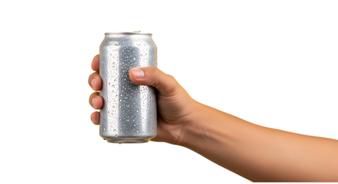 Hand holding a refreshing cold aluminum can with water droplets against a perfect for summer refreshment and beverage advertising use case