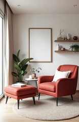 Fototapeta premium Modern minimalist living room interior features bright red armchair, matching ottoman. Large blank picture frame on wall for artwork mockup. Wood shelves hold green plants, decor items. Cozy home