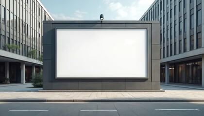 Fototapeta premium Blank white billboard on gray concrete structure in modern city. Empty advertising board in urban environment with sleek buildings, paved sidewalk. Modern mockup on building facade in city center.