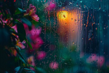Raindrops on Glass with Blurred Flowers and Lights