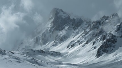 Fototapeta premium Misty snow-covered mountains under a cloudy sky create a dramatic winter scene.