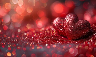 Two Red Glitter Hearts on a Red Glitter Background with Bokeh Lights