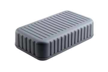 Rectangular gray EVA foam knee cushion with ribbed surface and beveled edges, subtle wear marks showing gentle use, isolated on transparent background.
