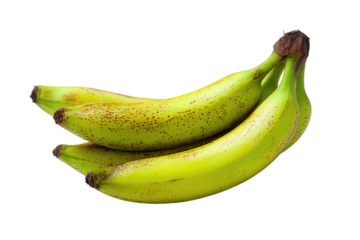Cluster bananas joined at the stem, soft yellow peel with subtle green tones and natural sheen, isolated on transparent background.