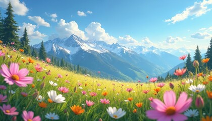 Fototapeta premium Bright mountain meadow full of colorful blooming flowers under blue sky. Snow-capped peaks rise behind green pine trees. Sunny day in nature with vibrant plant life. Beautiful spring summer landscape