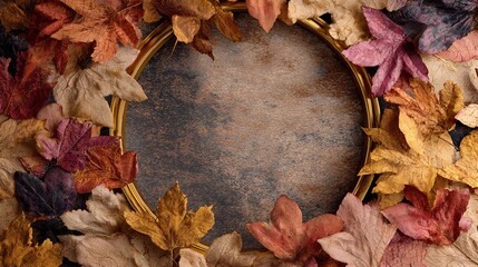 Stunning autumn leaves elegantly frame rustic wood for seasonal designs and creative fall projects, evoking warmth and nostalgia