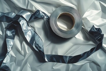 Grey adhesive tape roll on wrinkled fabric surface.
