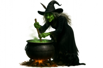 Evil witch stirring magic potion in cauldron for Halloween concept