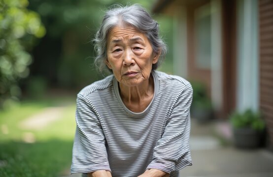Elderly Asian woman with grey hair sits alone outside. Stressed, sad expression, looking upset. Wrinkled face shows fatigue, worry. Senior person appears depressed, thoughtful, contemplating life in