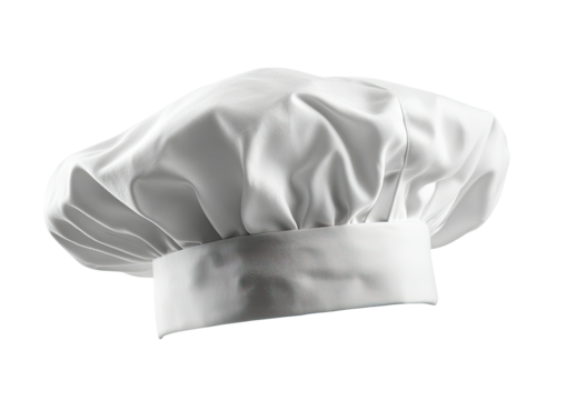 Fluffy white chef's hat, neatly folded and standing alone